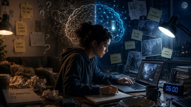 A person deep in focused work at dawn, half their mind scattered and half locked in