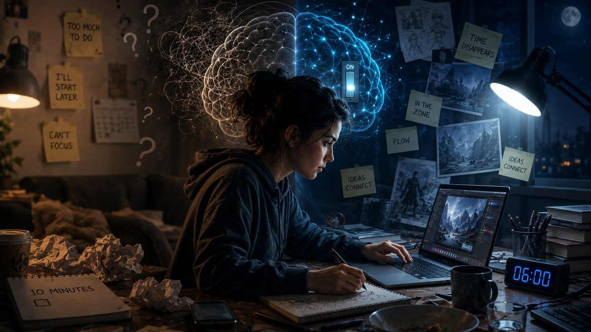 An adult working at a desk late at night, focus lit up and everything else dark