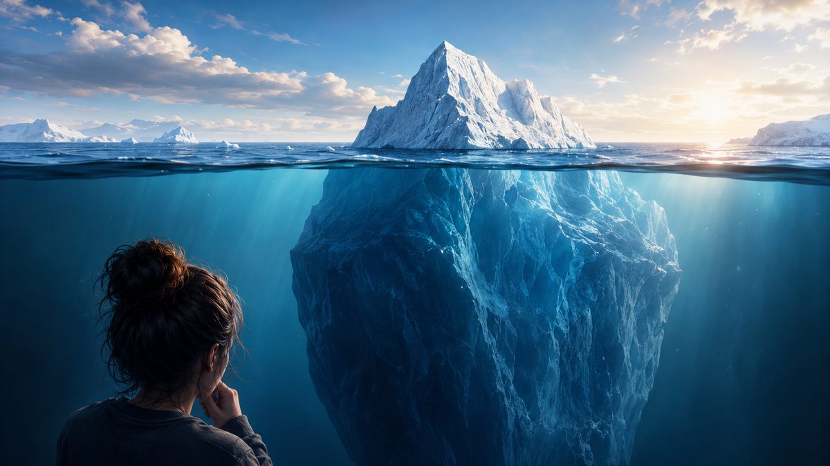 An iceberg: a small peak above the waterline, a vast mass hidden below.