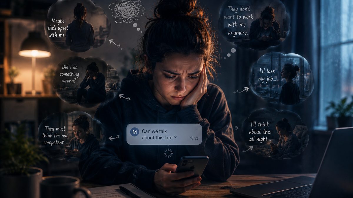 An adult at a desk, head in hand, flattened by a message they just read