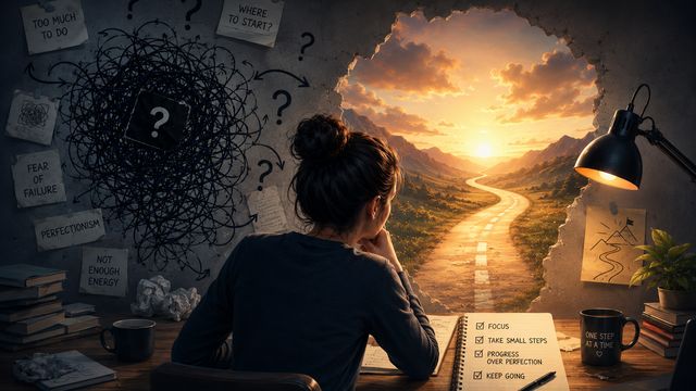 A person at a cluttered desk facing a wall of doubts, with a road opening onto a sunrise