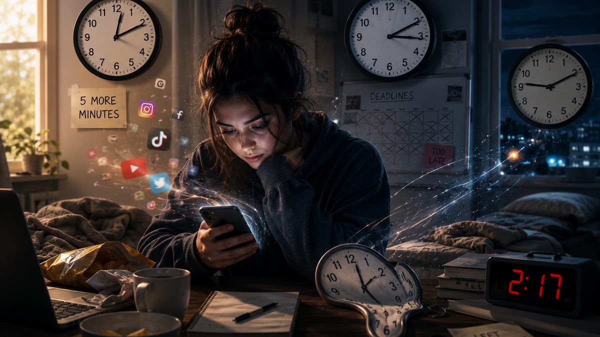 An adult surrounded by clocks and deadlines while the evening disappears